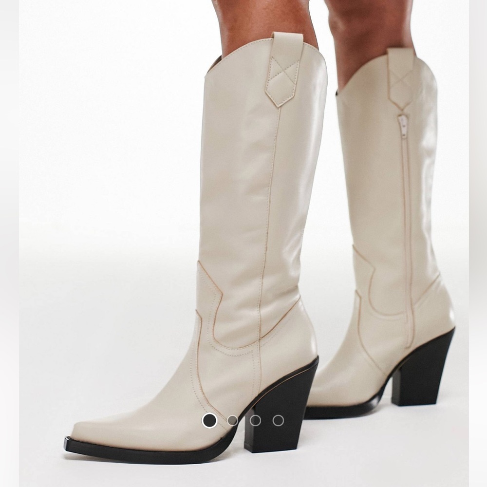 ASOS Cream Leather Knee-High Western Cowgirl Boots